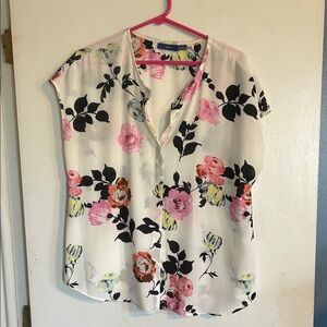 Apt. 9 Cream Floral Cap-Sleeve Blouse with Pink, Yellow and Black Accents